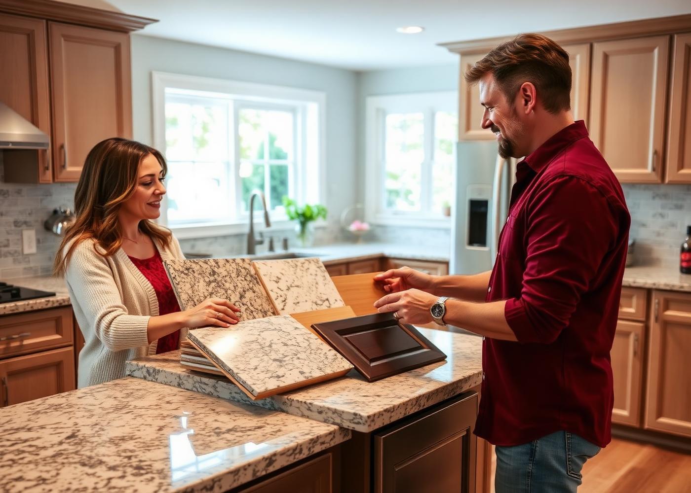 Homeowner and designer comparing flooring, tile, and countertop samples in a design center