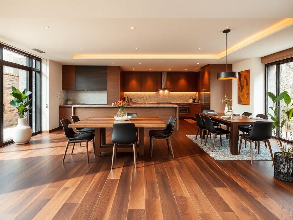 Open plan dining room adjoining a remodeled kitchen