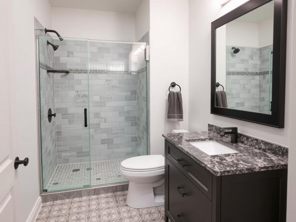 Guest bathroom with tiled shower, patterned floor tile, and granite vanity
