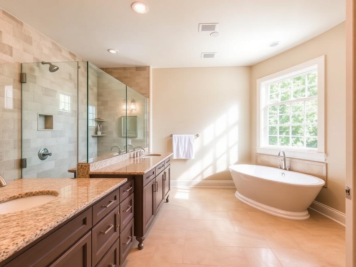 Remodeled master bathroom with tiled walk-in shower, granite-topped vanity, and soaking tub