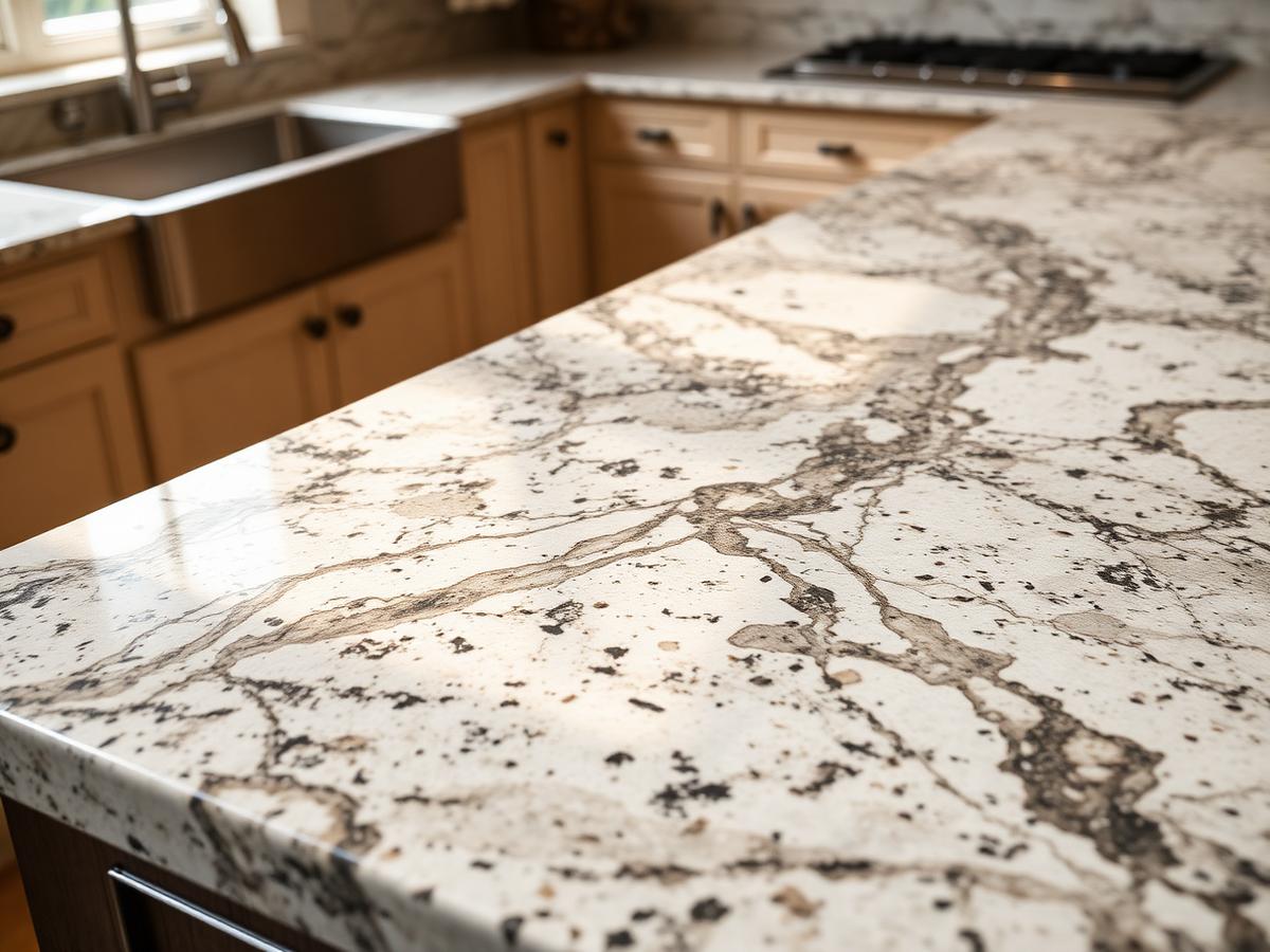 Polished granite countertop with natural veining installed in a kitchen