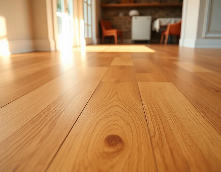 Wide-plank oak hardwood flooring installed in a sunlit Matthews NC home
