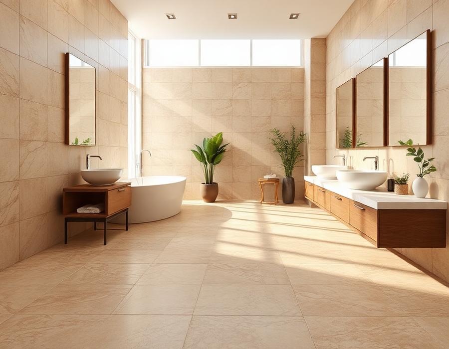 Bathroom with large-format stone-look tile flooring
